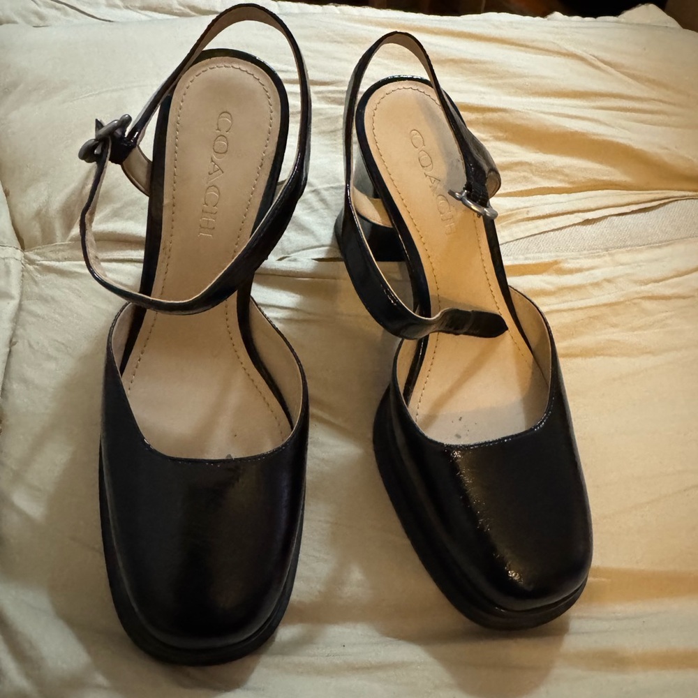 Coach Black Patent Leather Slingback Mules